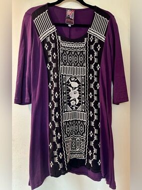 Johnny Was JWLA Purple Embroidered 3/4 Sleeve Tunic Boho Dress Size S